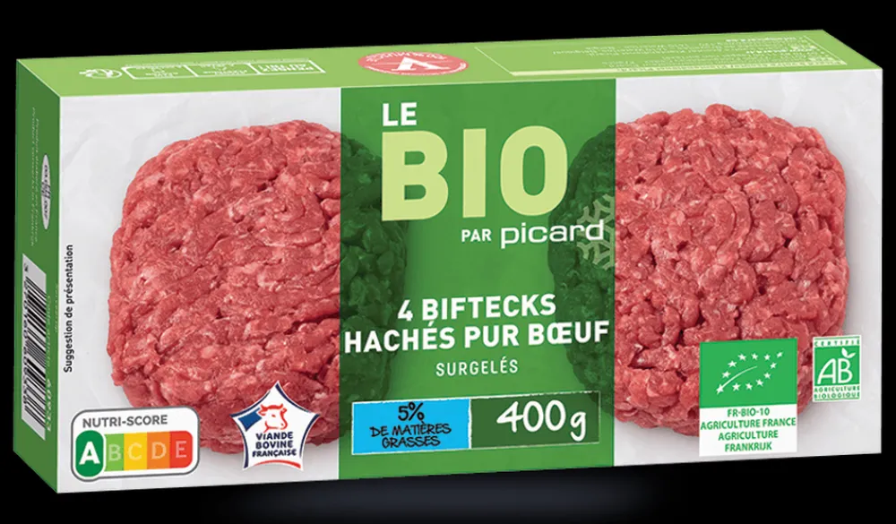 Picard 4 biftecks hachés bio (100g) pur boeuf* Produits Nutri-Score A|Viandes Bio Et Labellisées