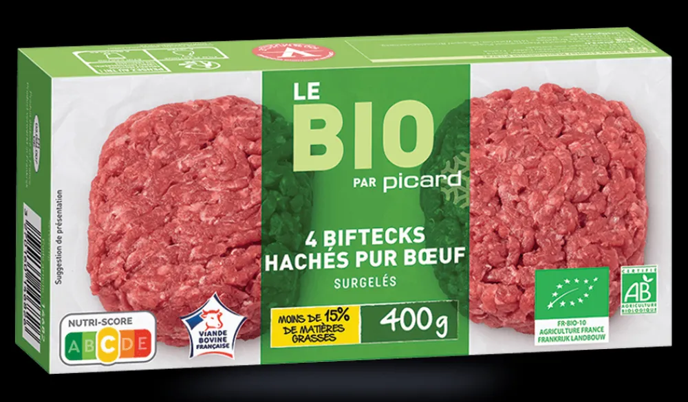 Picard 4 biftecks hachés bio, pur boeuf, 15% M.G maximum*Enfant Viandes Pour Enfants|Viandes Hachées