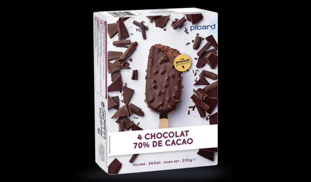 Picard 4 bâtonnets chocolat 70% de cacao-fèves de cacao* Bâtonnets De Glace, Barres Glacées|Chocolat, Noisette