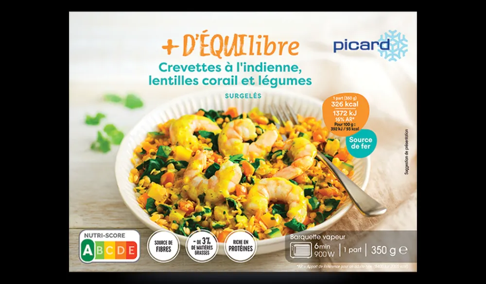 Picard Crevettes à l'indienne, lentilles corail, légumes* Gamme Plus D'Équilibre|Produits Nutri-Score A