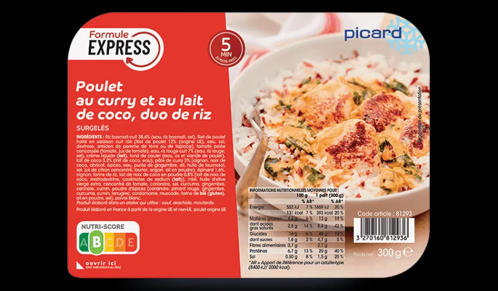 Picard Poulet au curry et au lait de coco, duo de riz* Produits Nutri-Score B|Viandes, Volailles Cuisinées