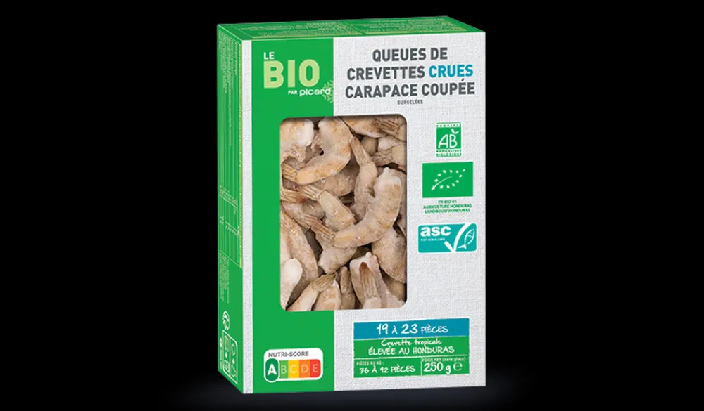 Picard Queue crevette crue ASC carapace coupée bio, HND* Produits Nutri-Score A|Fruits De Mer Bio Et Labellisés