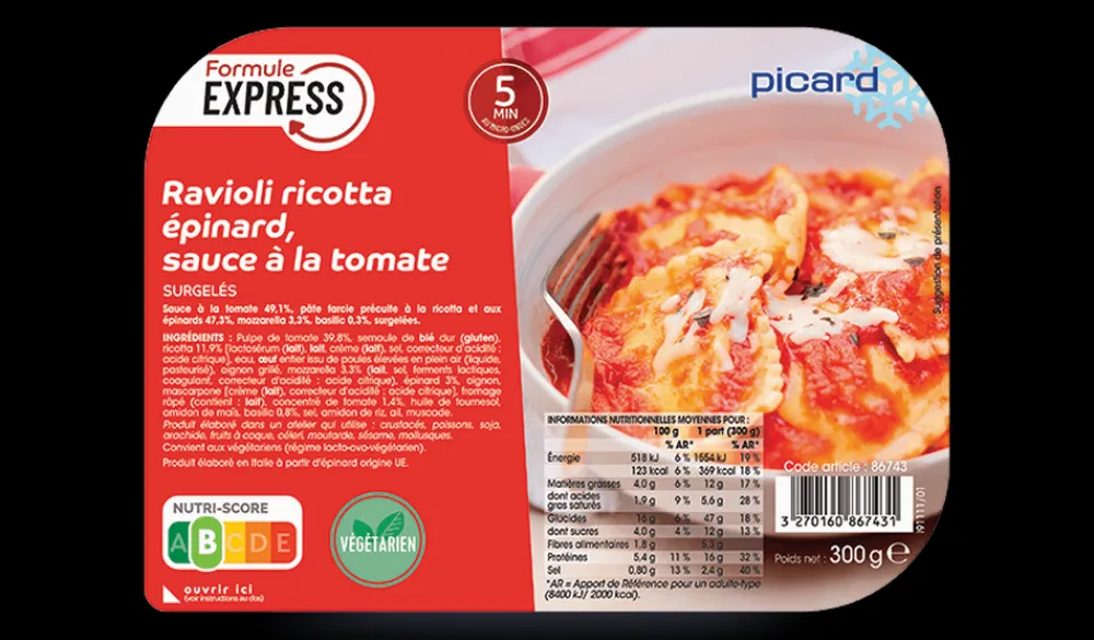 Picard Ravioli ricotta épinard, sauce tomate*Enfant Produits Nutri-Score B|Végétarien