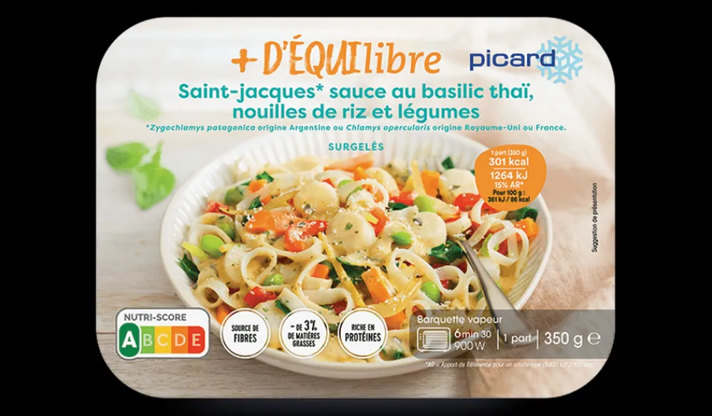 Picard St-Jacques, sauce au basilic thai, nouilles de riz* Gamme Plus D'Équilibre|Produits Nutri-Score A